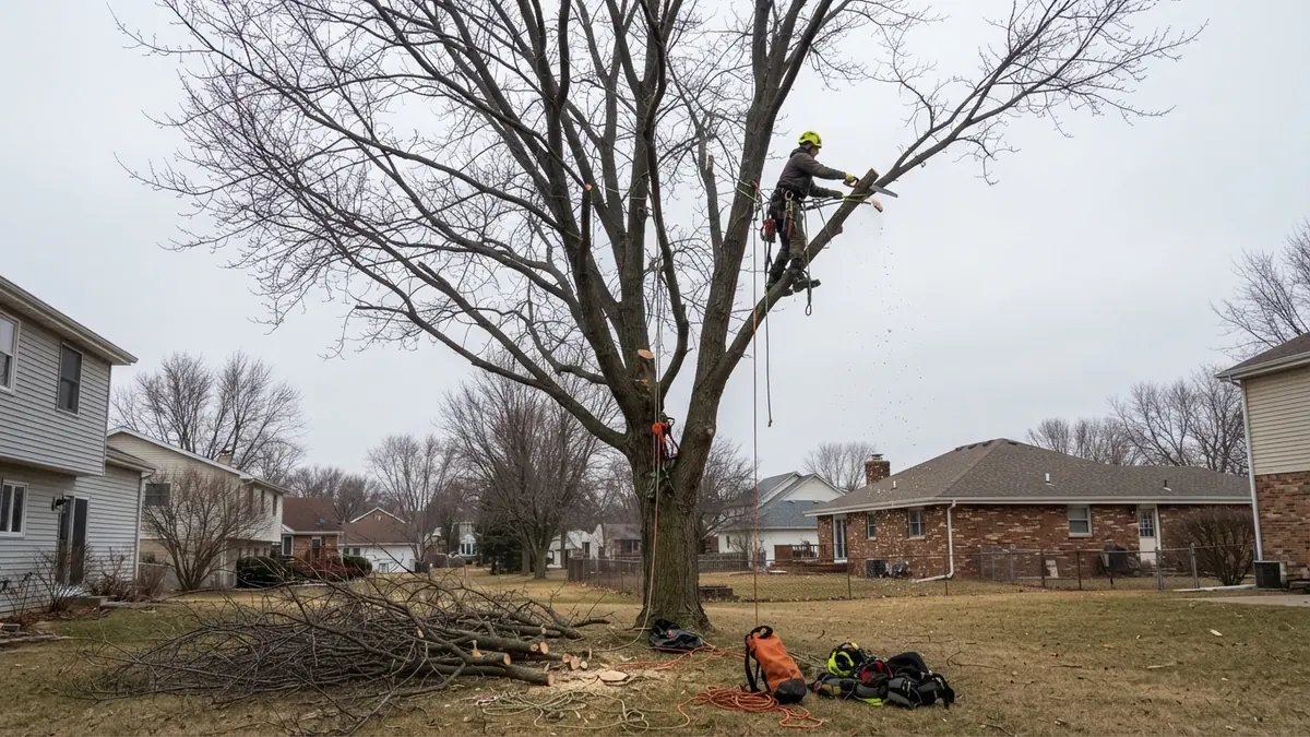 Arborist pruning branches of a large dormant deciduous tree in late winter