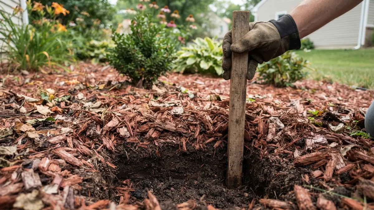 Gardener checking mulch depth with a wooden stake beside a pulled-back section of bark mulch