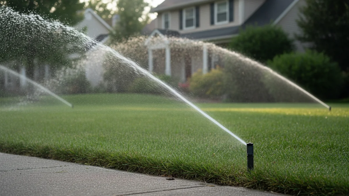 Pop-up lawn sprinkler heads spraying water across a green front lawn