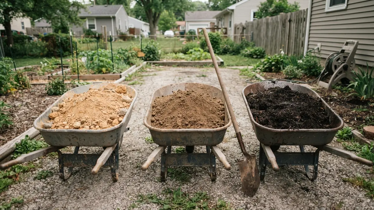 Three wheelbarrows holding fill dirt, screened topsoil and dark garden soil side by side